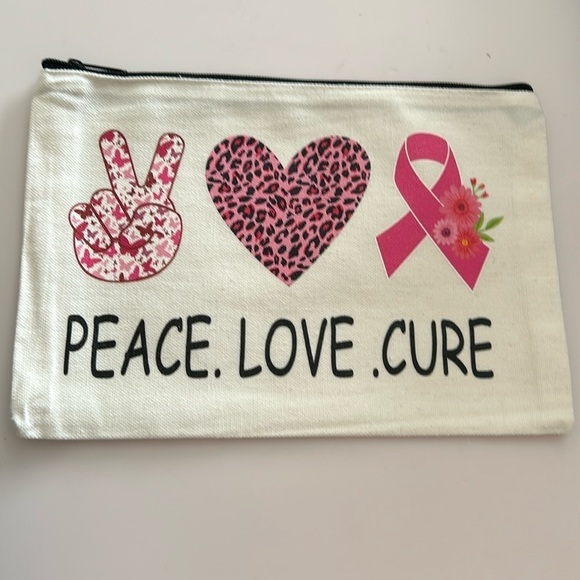 Breast Cancer Awareness Canvas Makeup Bag PEACE. LOVE. CURE / NEW - Picture 1 of 4